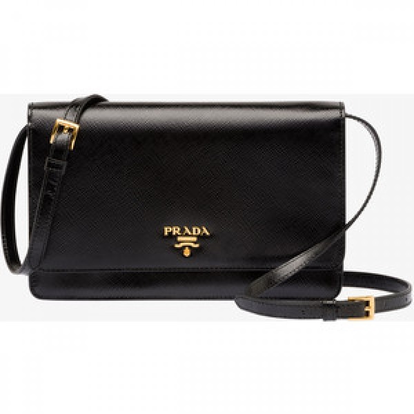 $700 Prada Saffiano Lux Black Leather Wallet on Strap Shoulder Bag
