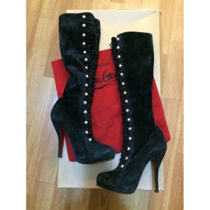 Christian Louboutin Alta Fifre Velour Black Suede Knee High Military Boots Lust4labels-900x900