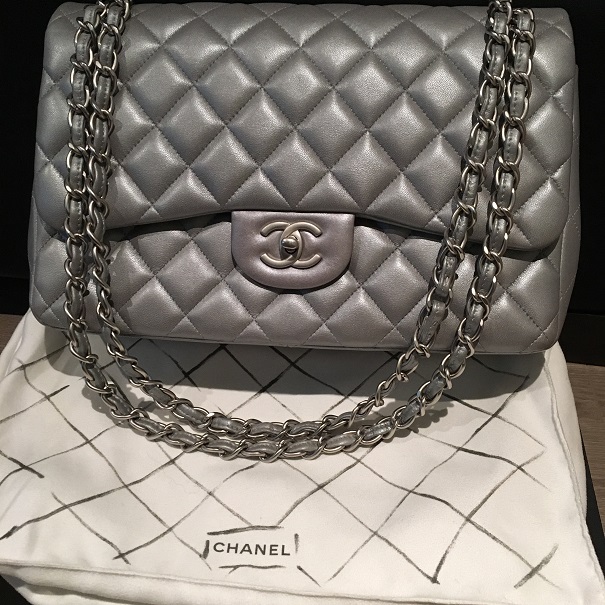 $6500 Chanel Classic Silver Grey Metallic Lambskin Quilted Double Flap  Jumbo Bag Purse Matte SHW - Lust4Labels