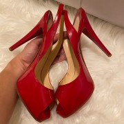 Christian Louboutin Red Patent Leather Prive Sling Peep 120mm Heels SZ 37.5 Lust4Labels 8